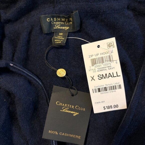 Charter Club Women's Size Extra Small 100% Cashmere Navy Blue Zip Hoodie NWT - Picture 7 of 7